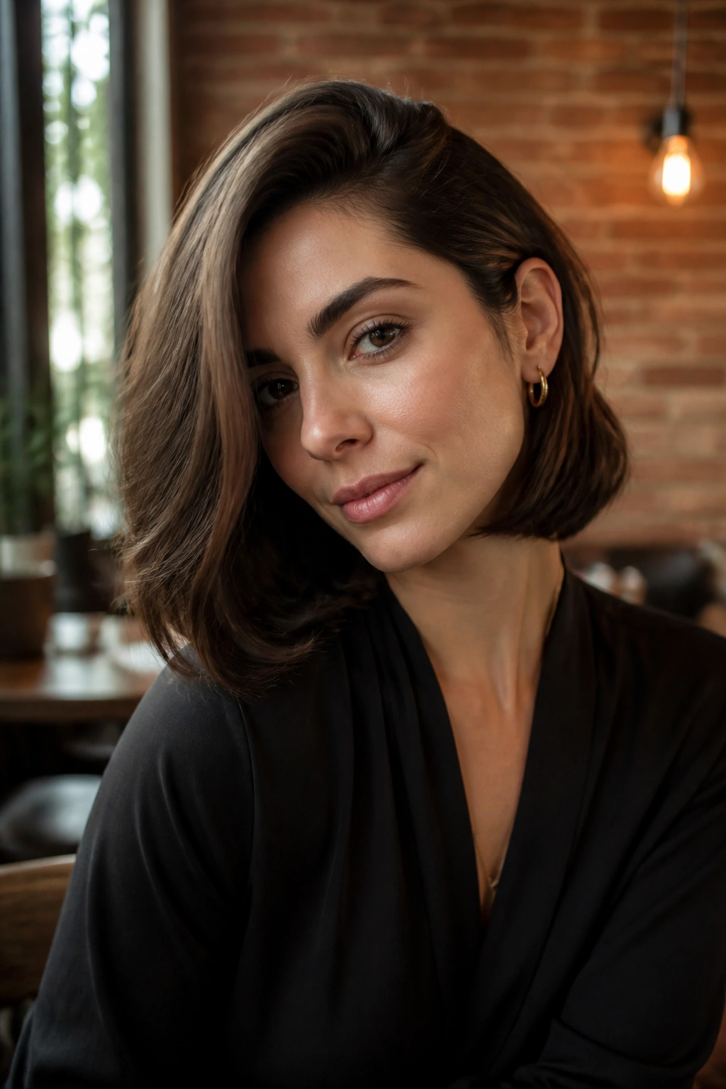 Medium close-up of real woman with deep side part faux bob