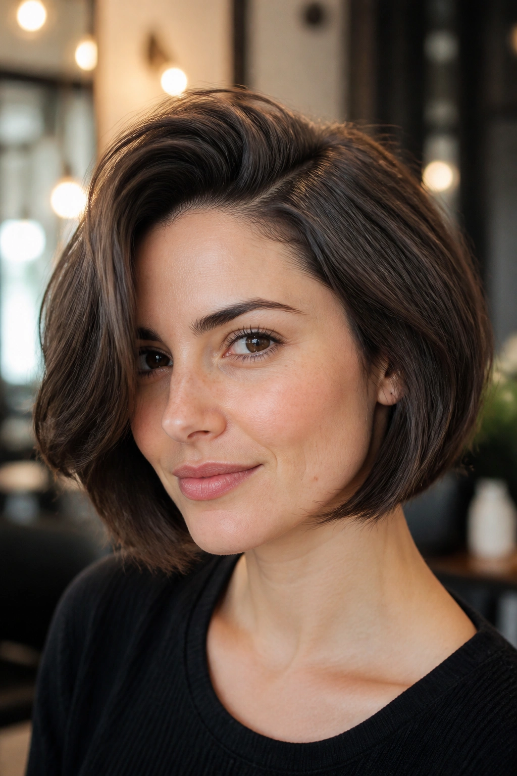 Close-up portrait of a real woman with deep side-parted French bob and voluminous crown