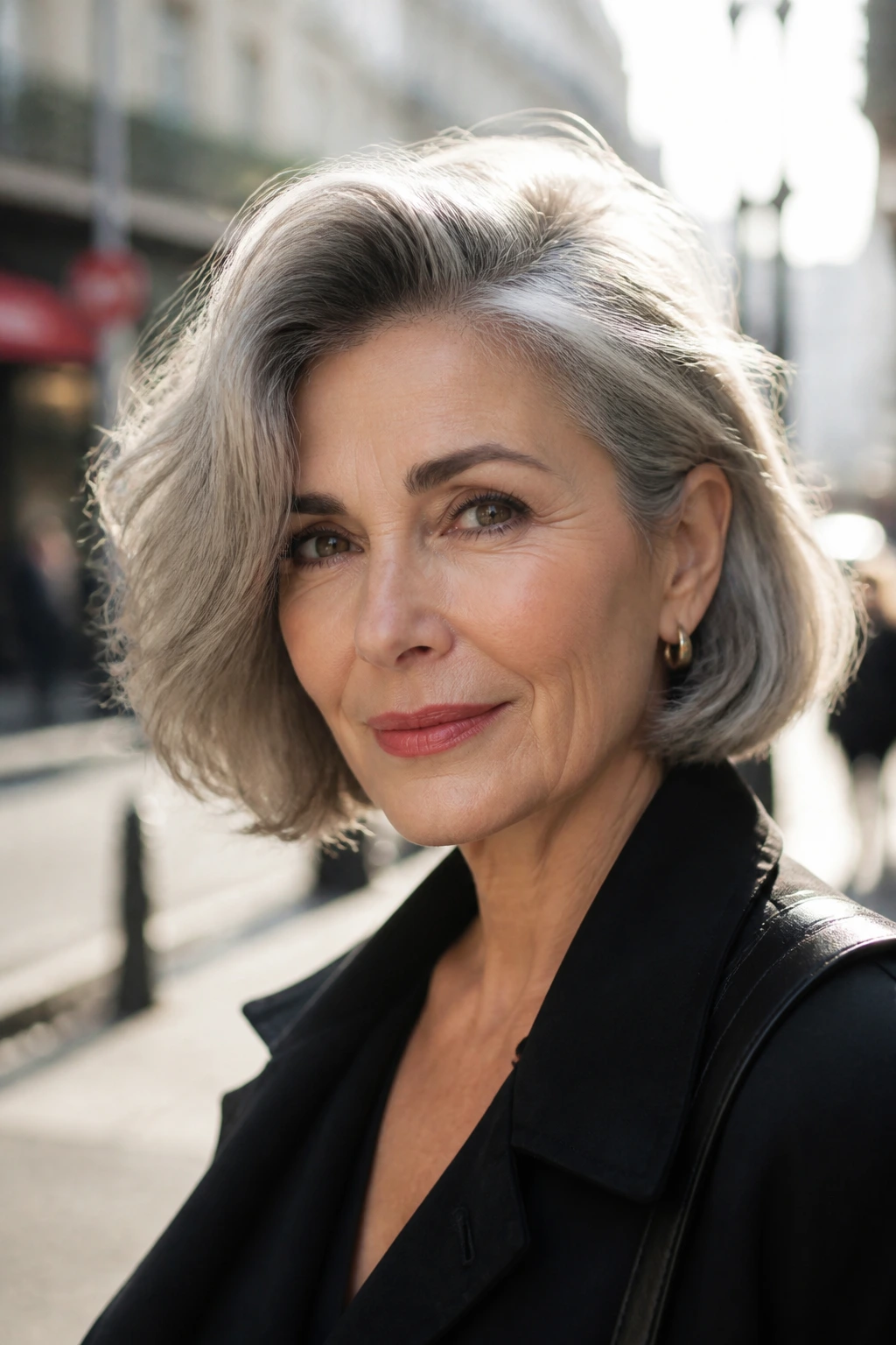 Real woman with deep side part and lift in a French bob.