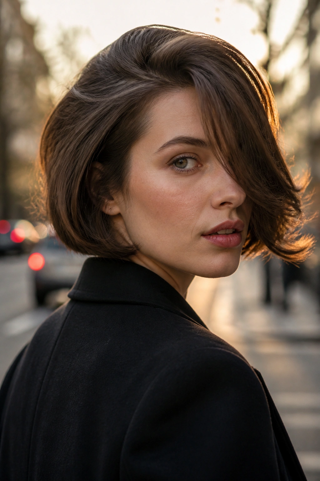 Real person with deep side-part French bob at golden hour