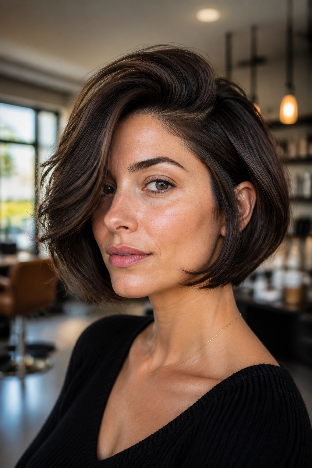 Close-up portrait of a woman with a deep-side-part French bob and voluminous crown