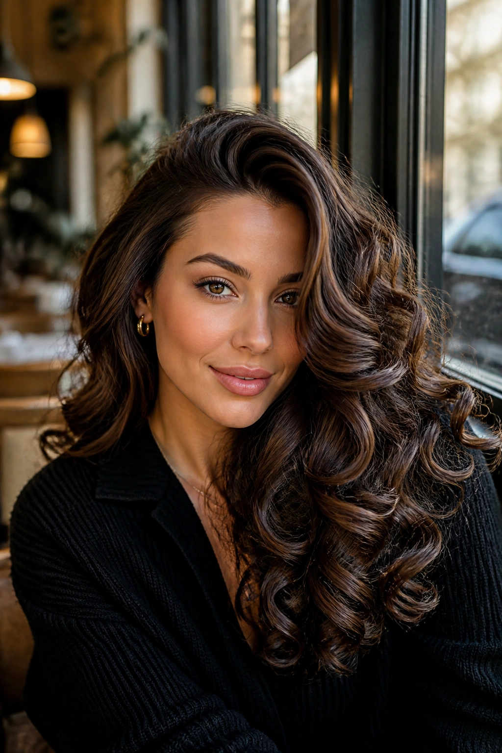 Close-up portrait of a real woman with a deep side-part glam curl hairstyle in a cafe setting