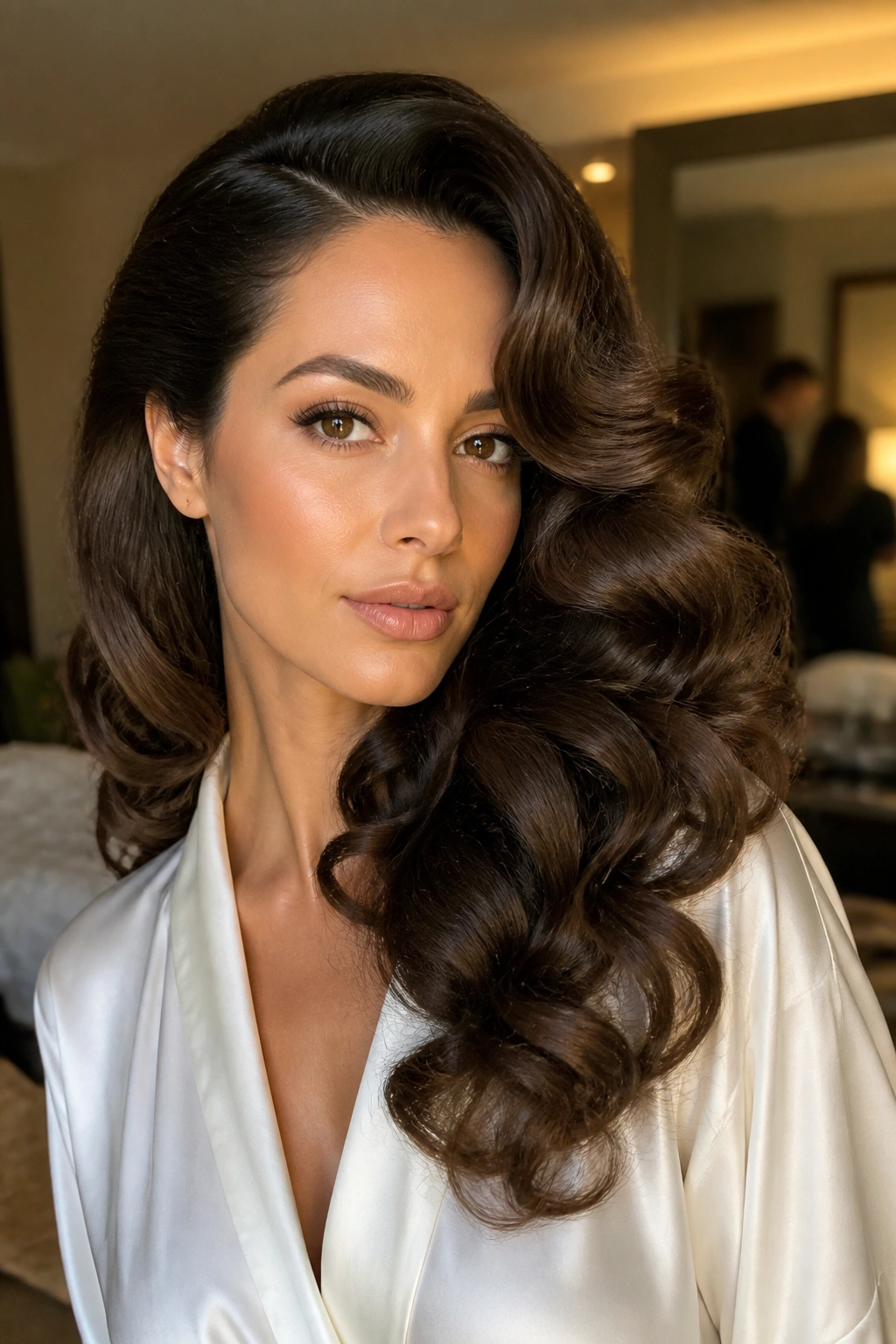 Portrait of a woman with deep side-part glam curls in a stylish backstage room