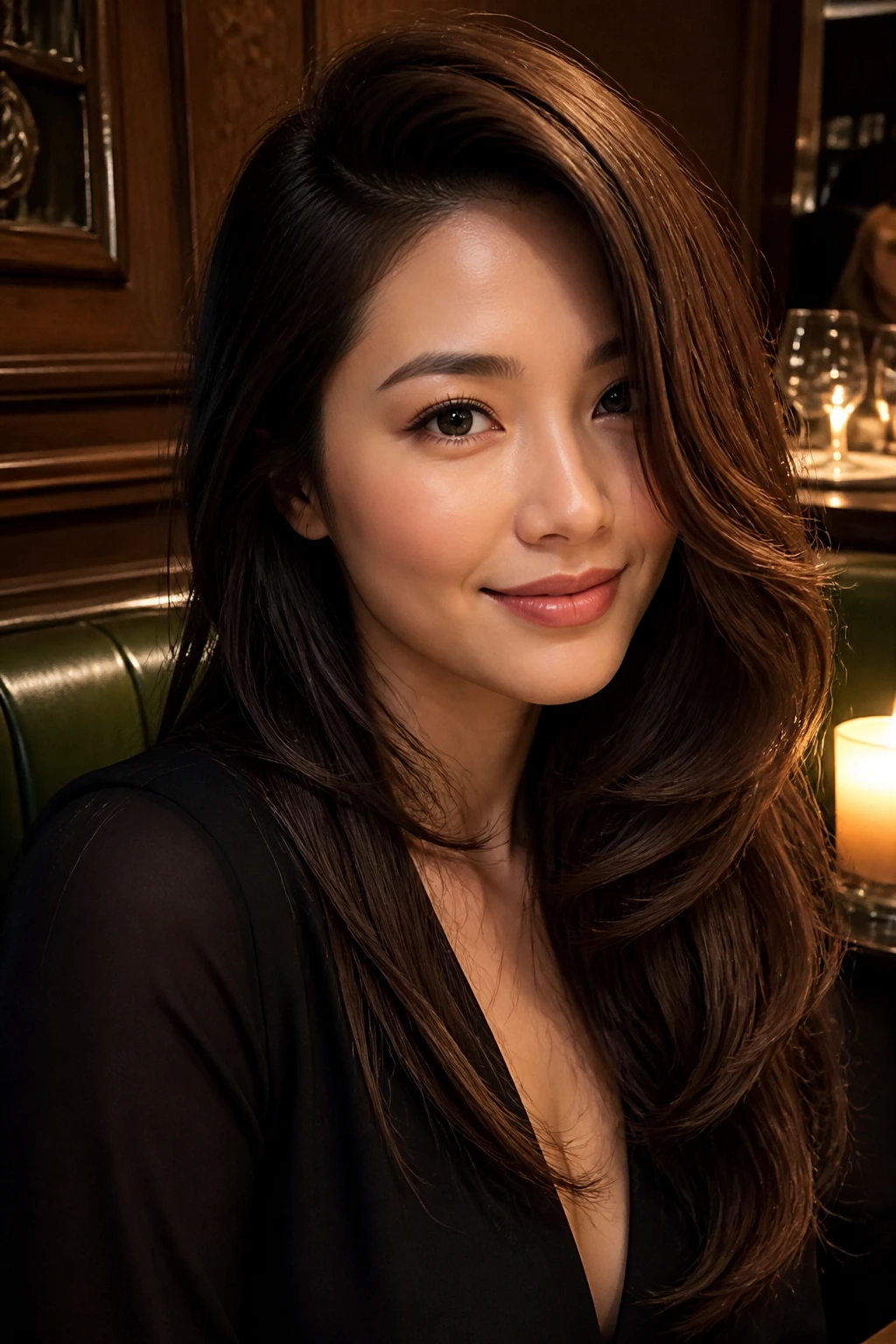 Real woman with deep side-part glam layers in restaurant lighting
