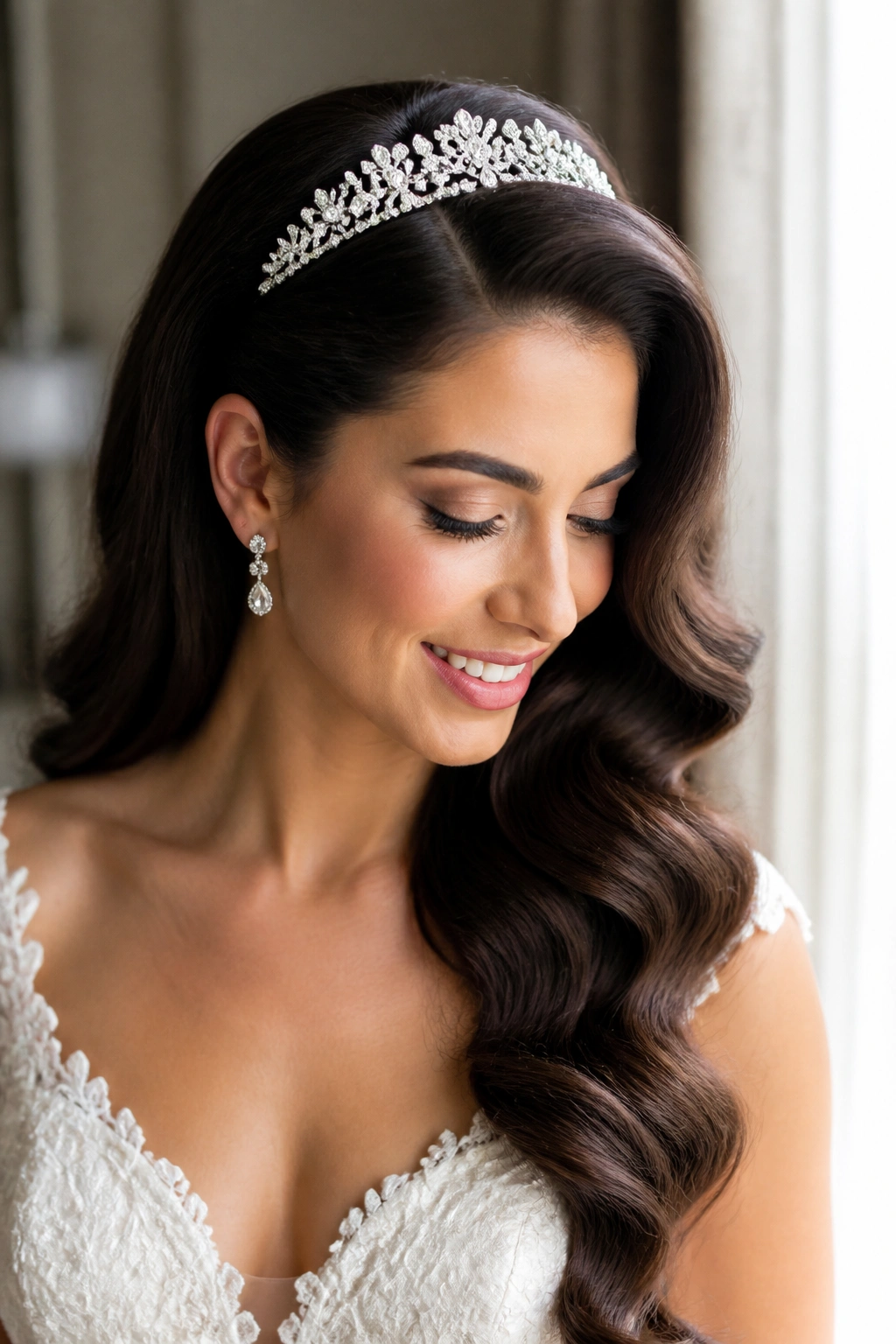 Close-up of a bride with a deep side part and glam waves, tiara at the highest wave in a window-lit bridal suite