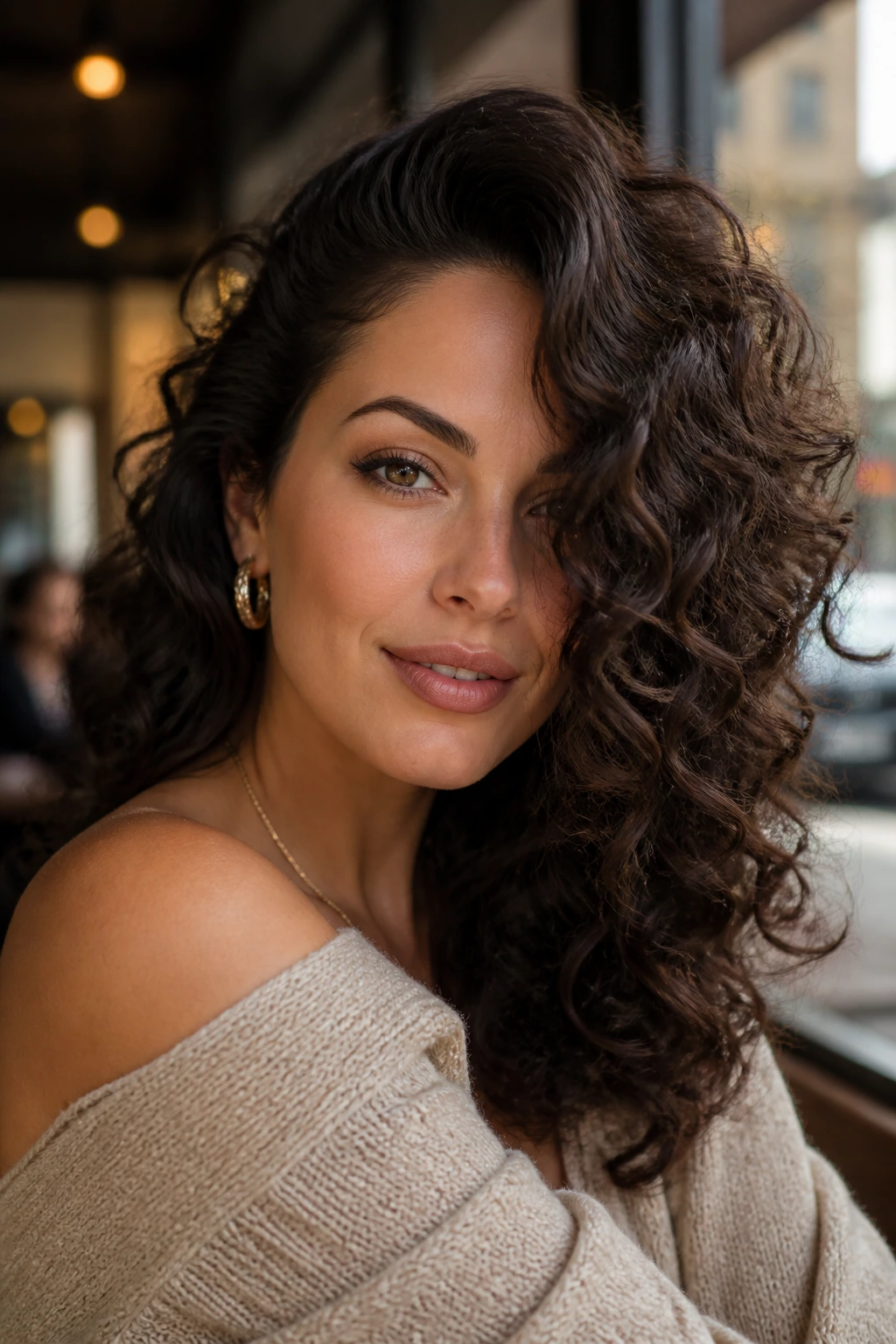 Portrait of a woman with deep side-part and glamorous curls framing her cheek