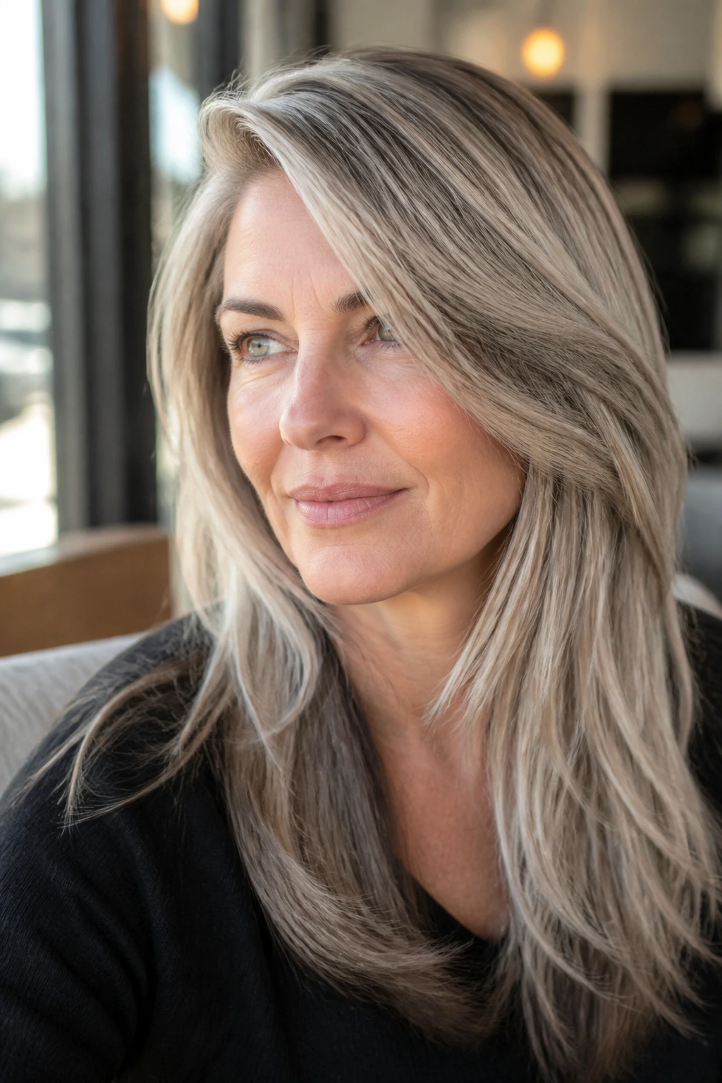 Close-up of a real woman with a deep side part and sweeping front layers.