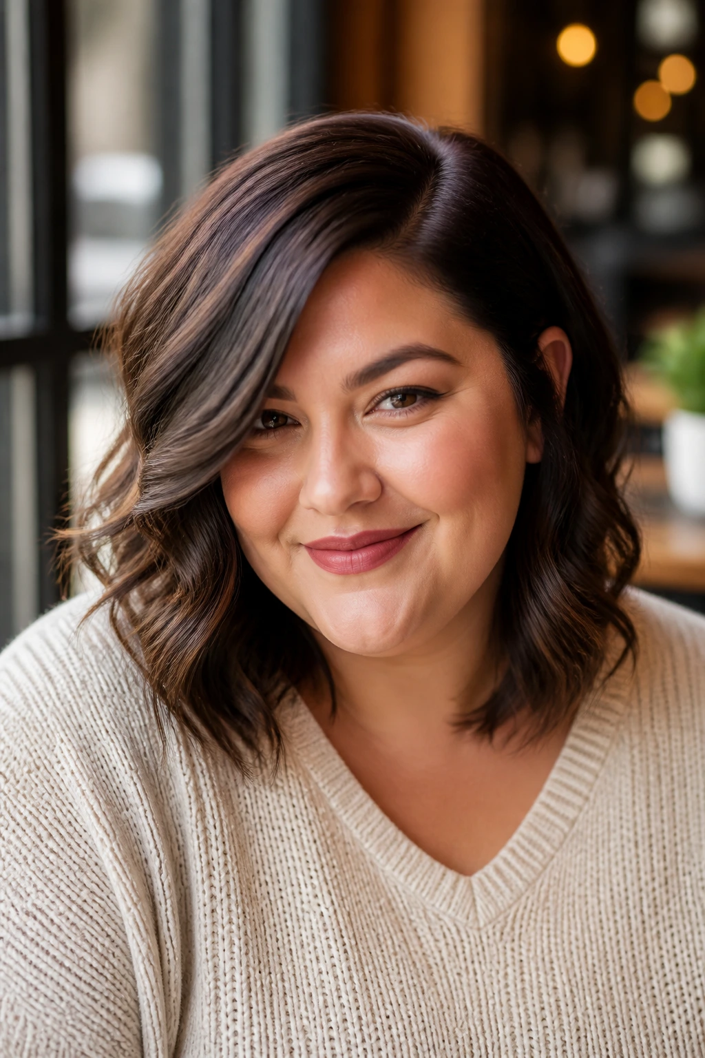 Close-up portrait of a real woman with a deep side part in soft cafe light