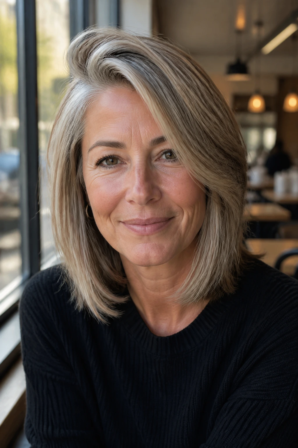 Close-up portrait of a real woman with a deep side-part shoulder cut