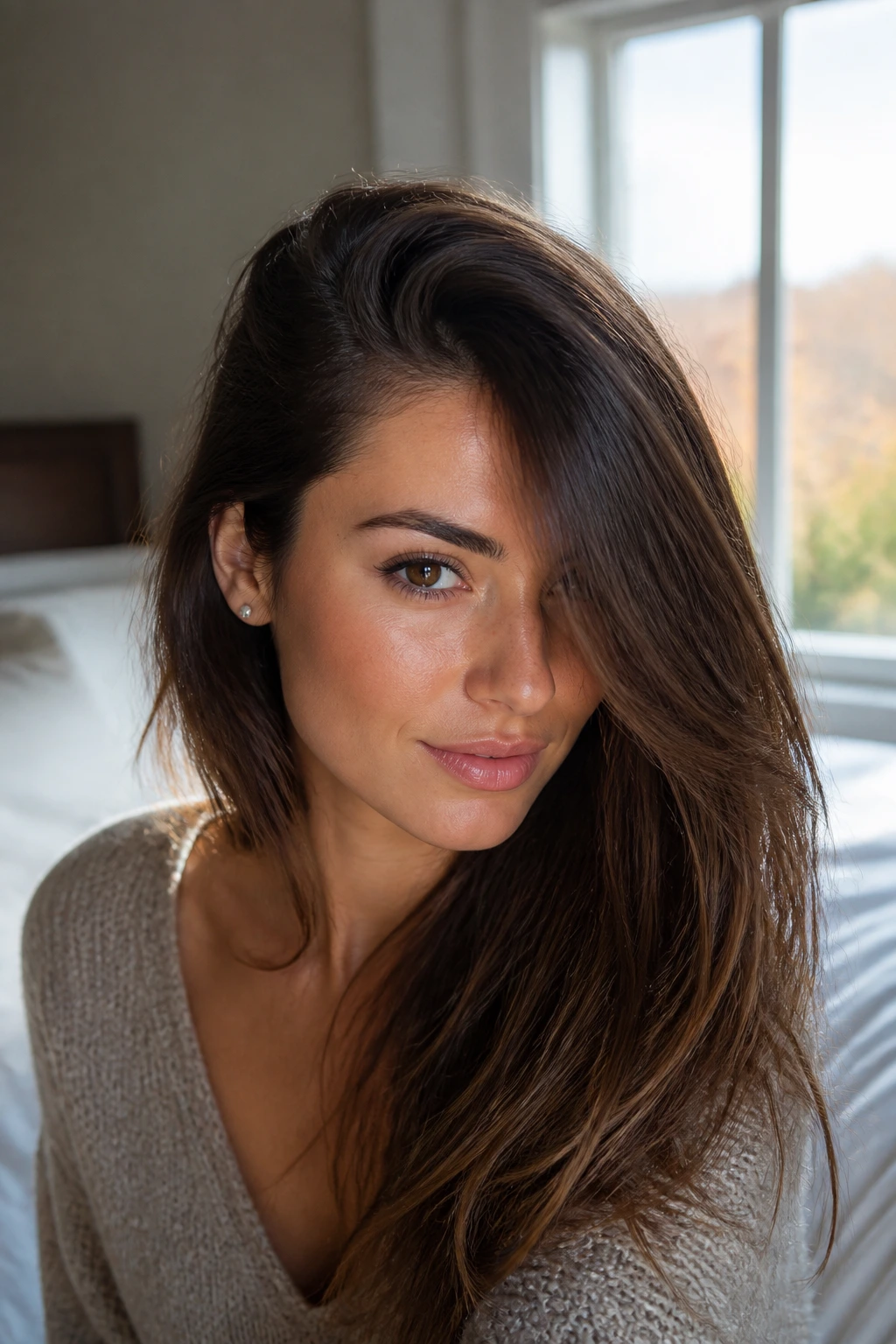 Close-up of a real woman with a dramatic deep side part and lifted roots in natural bedroom light