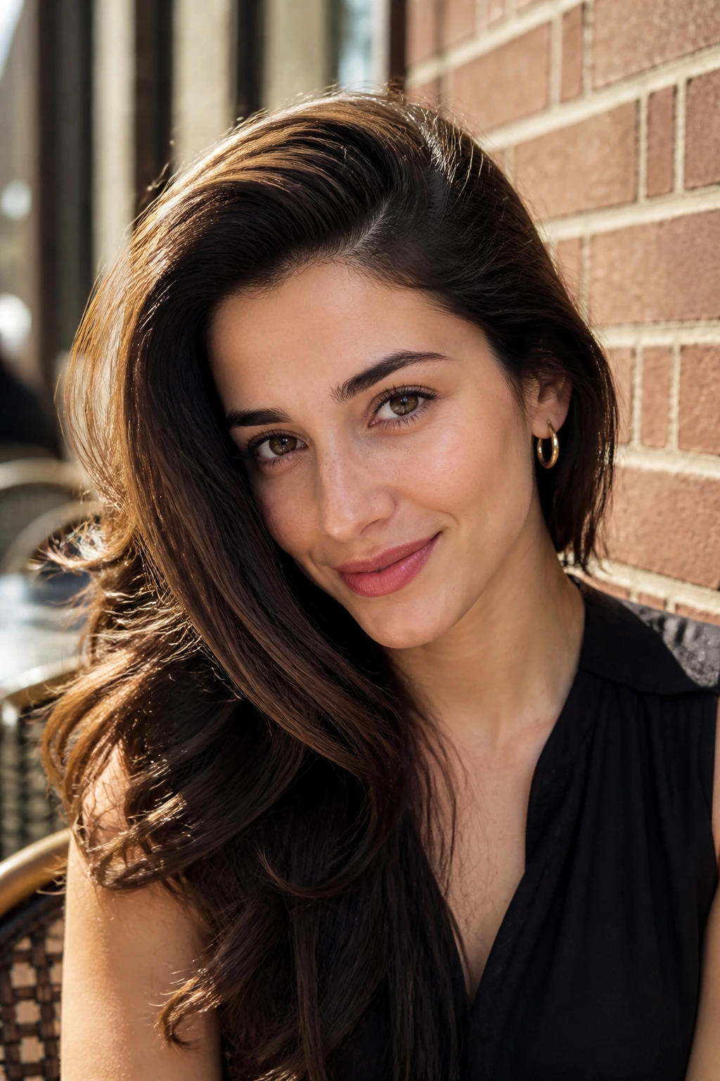 Close-up of a real woman with a deep side part hairstyle