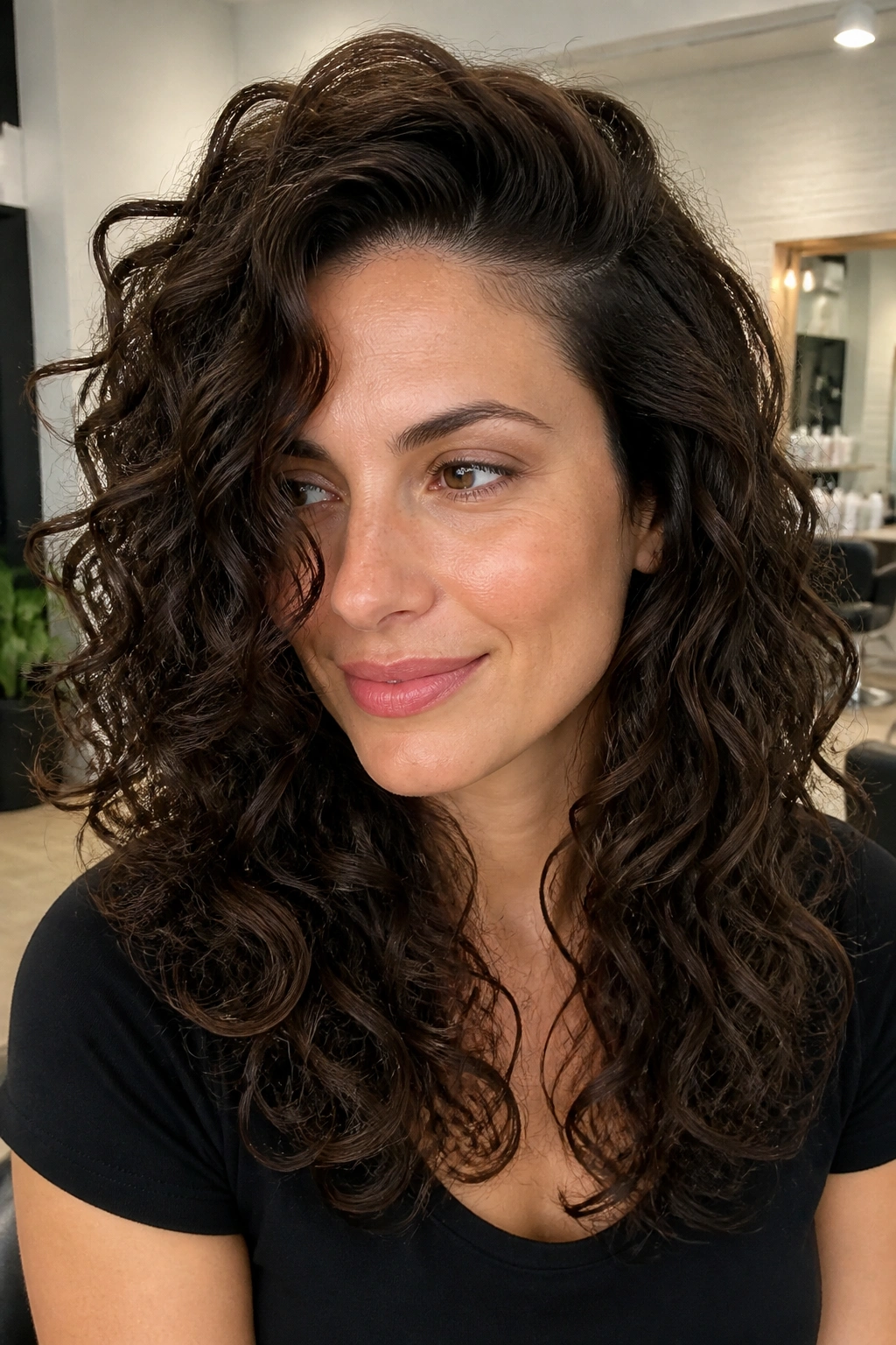 Portrait of a real woman with a deep side part and layered curls