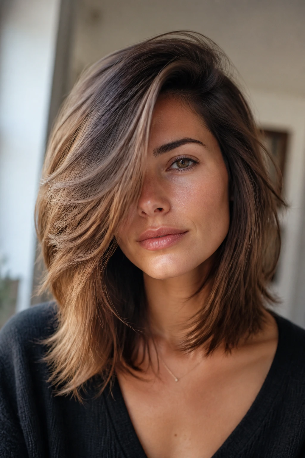 Portrait of a woman with deep side-part layered haircut