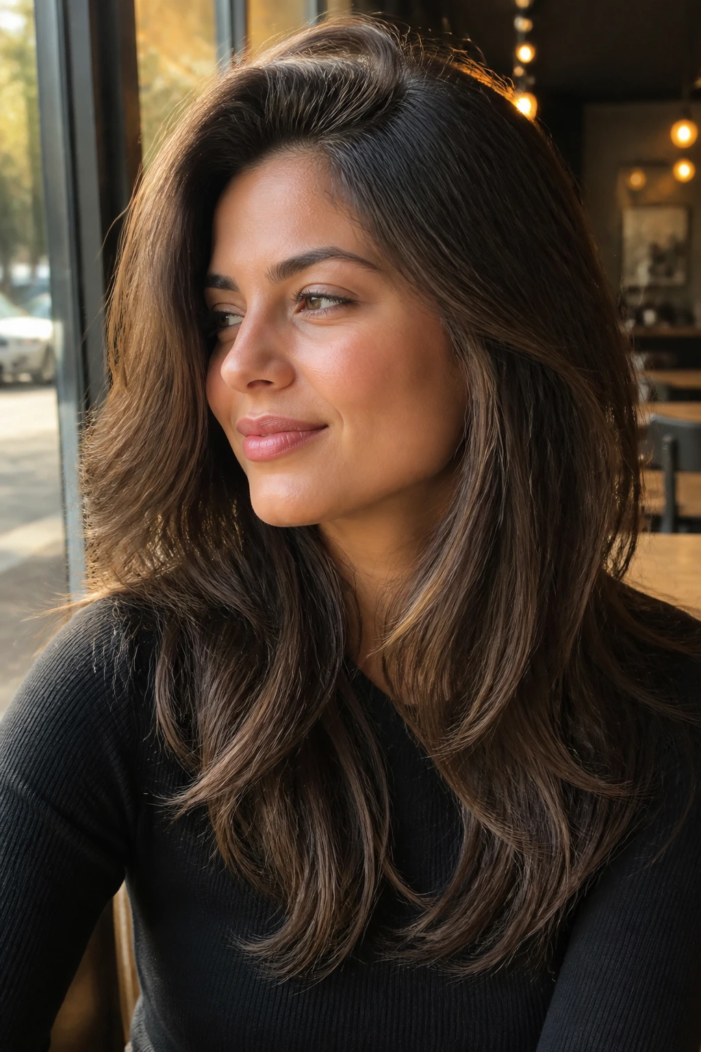 Close-up of a real woman with a deep side part and layered crown, warm daylight