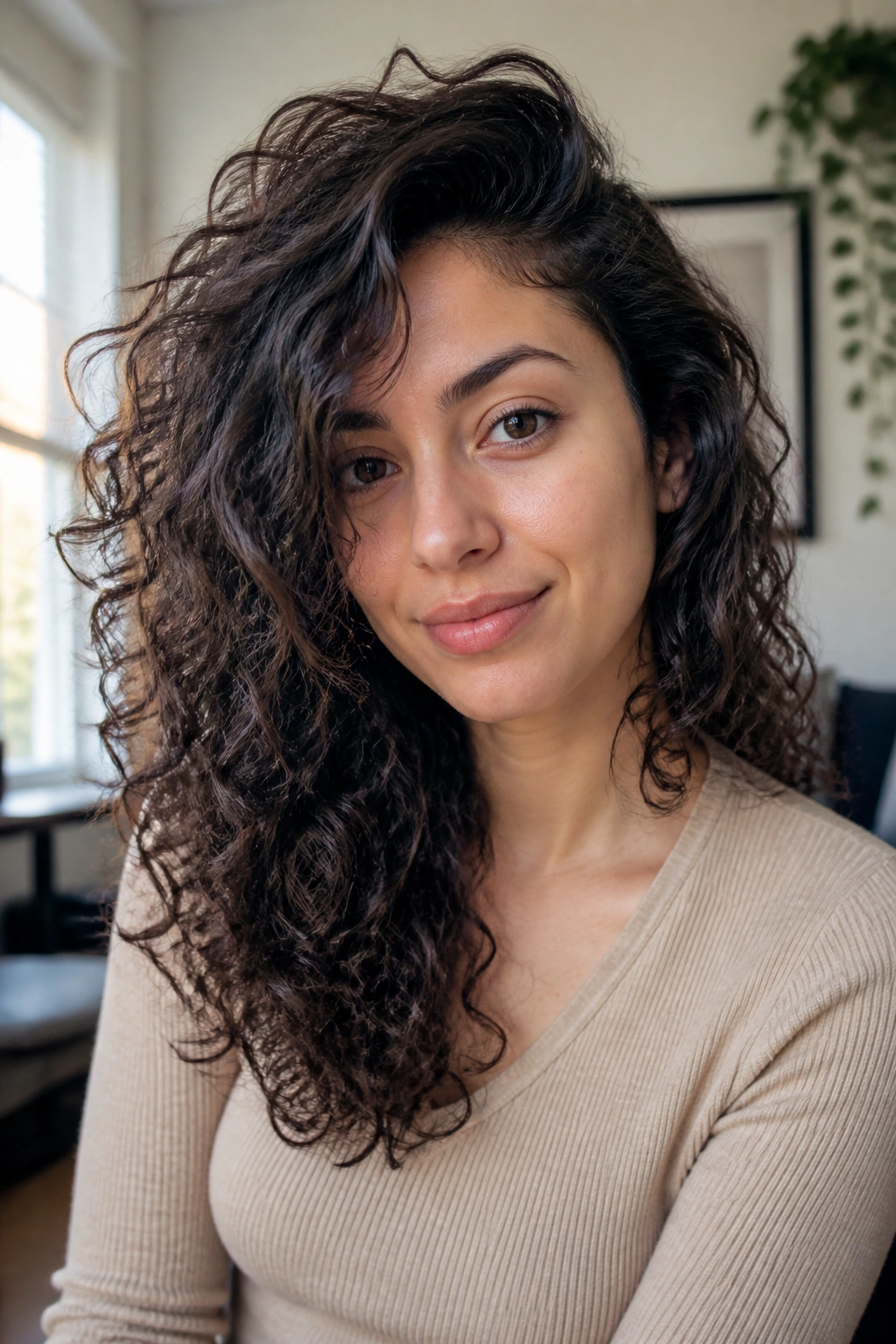 Real woman with deep side-part layers lifting flat roots.