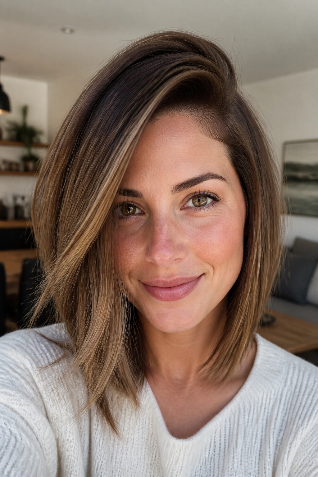 Close-up of a woman with a deep side part and long face-framing layers under natural window light