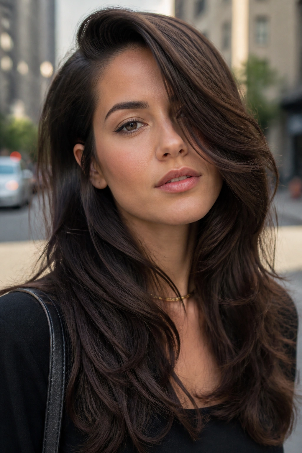 Close-up of a real woman with a deep side part and layered ends on an urban street