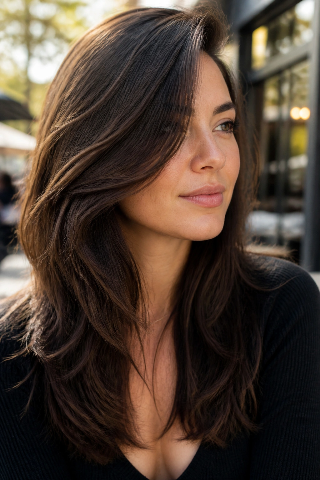 Close-up of deep side-part layers creating a longer look on a real person