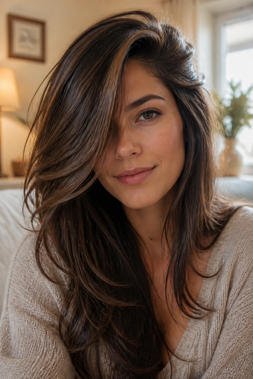 Close-up of a real woman with a deep side-part and layered ends sweeping across the forehead