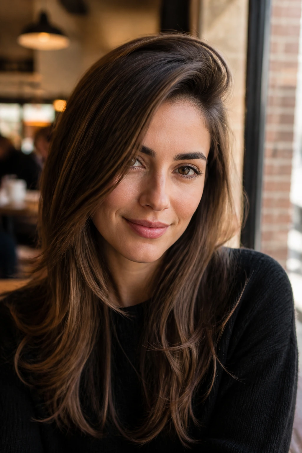 Close-up portrait of a woman with a deep side part and long layers.