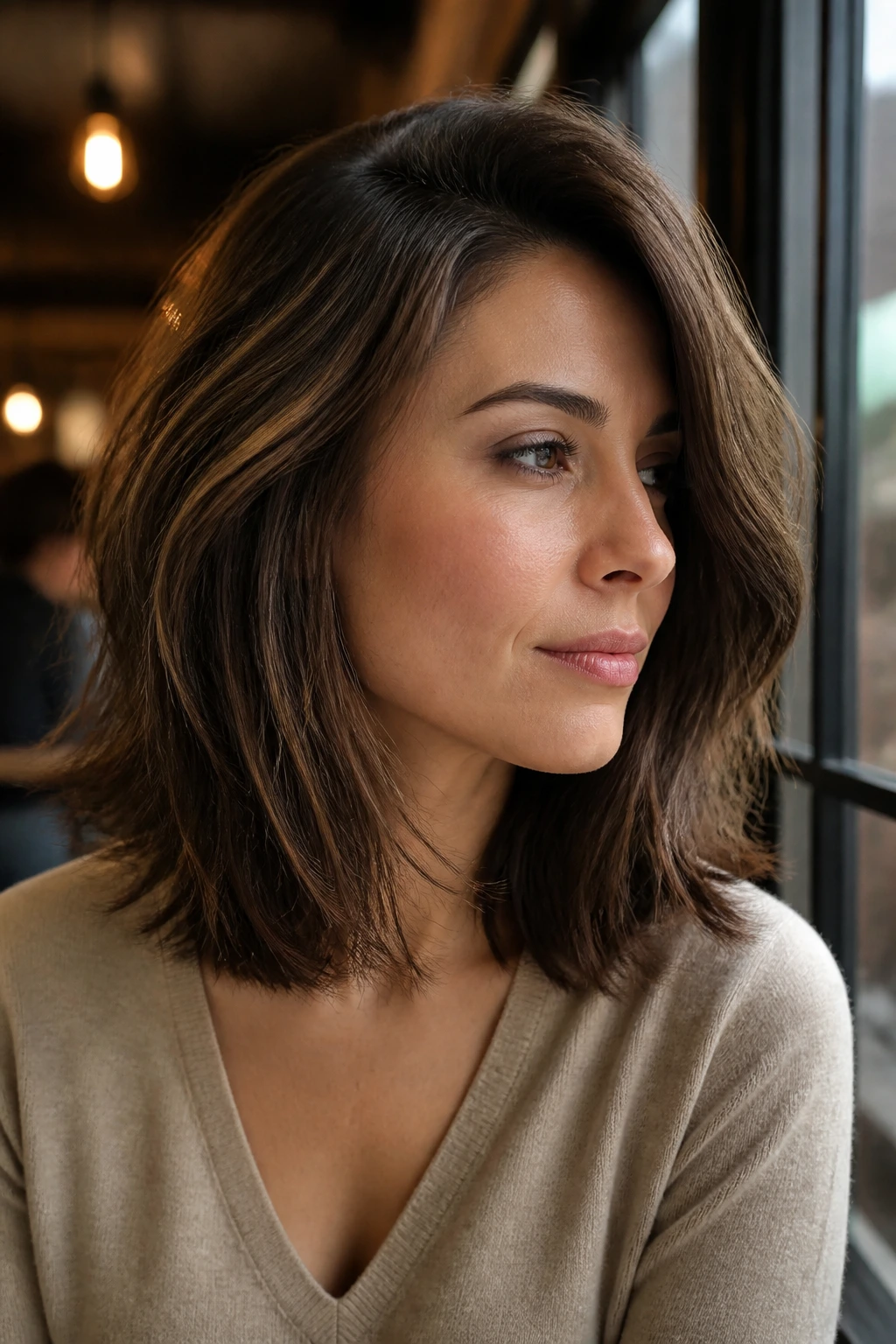 Real woman with deep side-parted shoulder-length layers