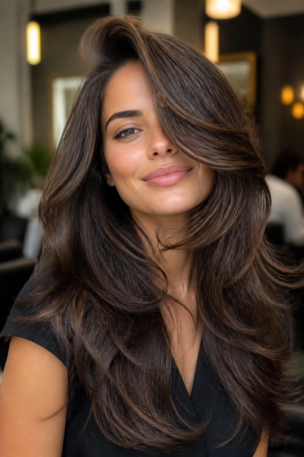 Close-up of a real woman with a deep side part and voluminous layered hair