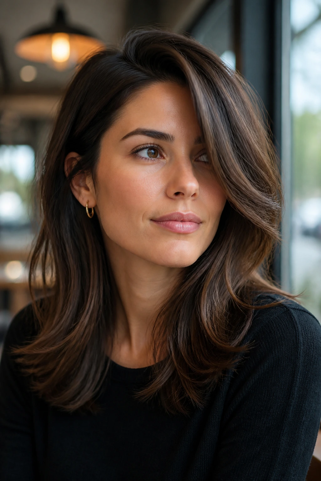 Portrait of a real woman with a deep side-part and layered volume