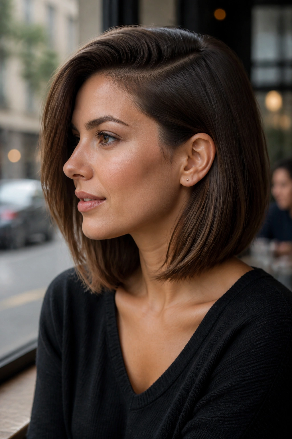 Portrait of a real woman with a deep side-parted lob haircut.