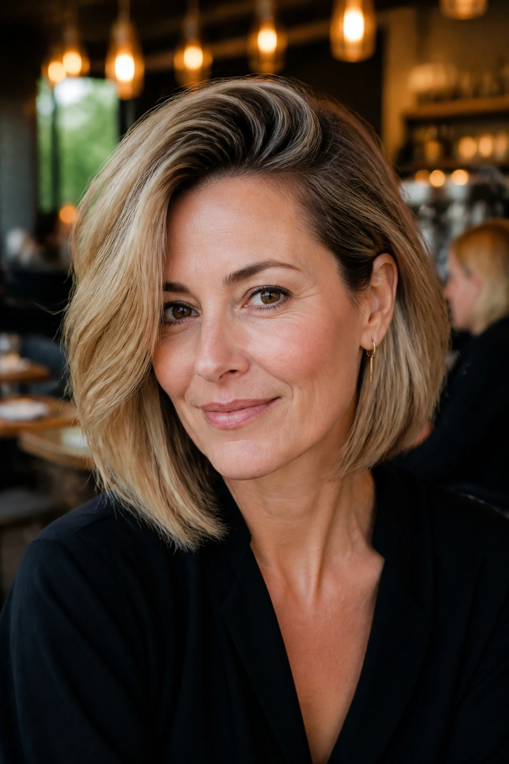 Woman with deep side-part lob in chic cafe lighting