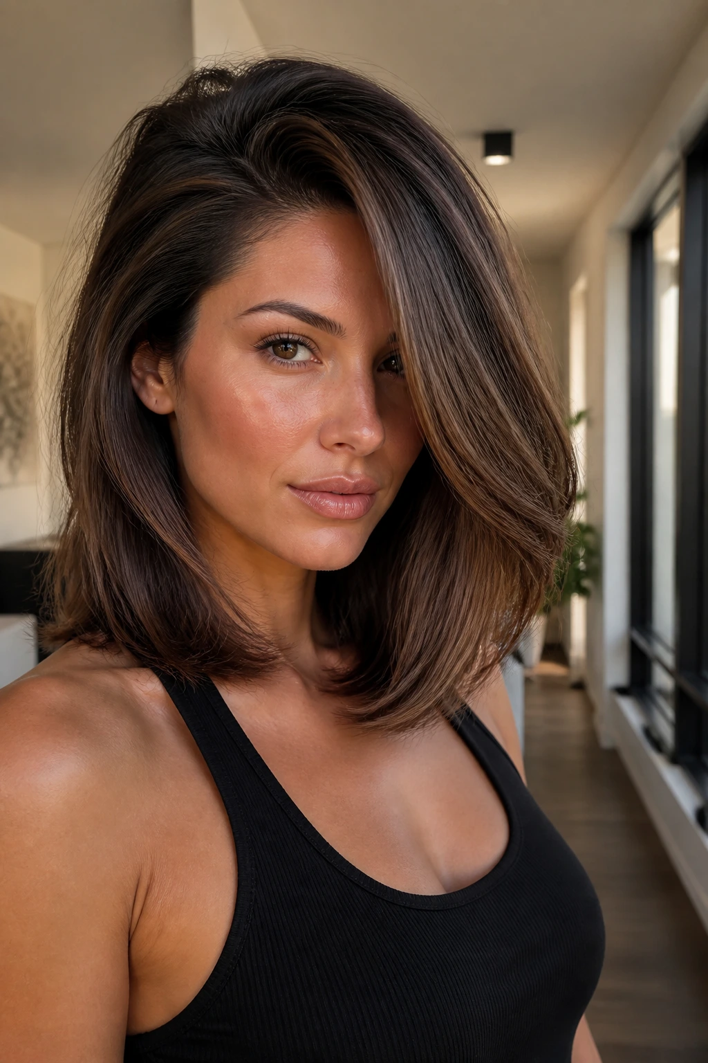 Portrait of a woman with a deep side-parted blowout lob in warm interior light.