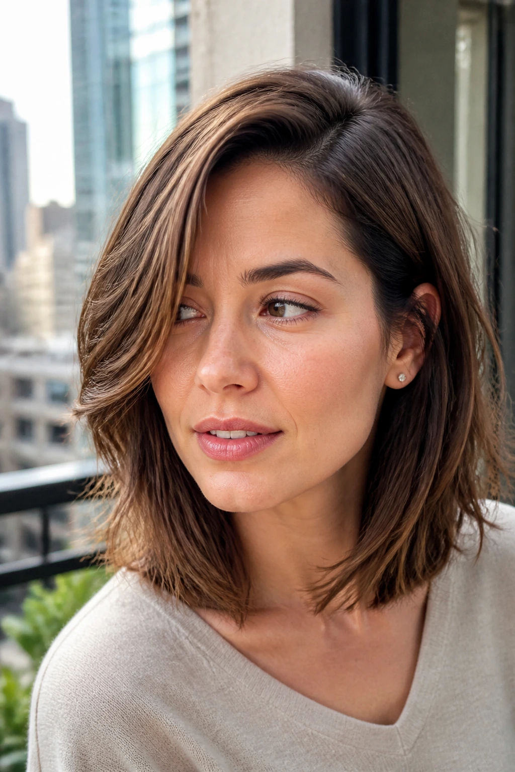 Real woman with deep side-part lob and sweeping curtain bangs on a balcony
