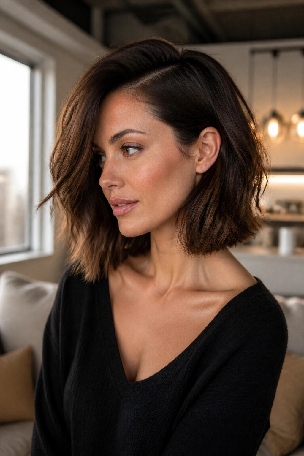Close-up portrait of a woman with a deep side-part lob