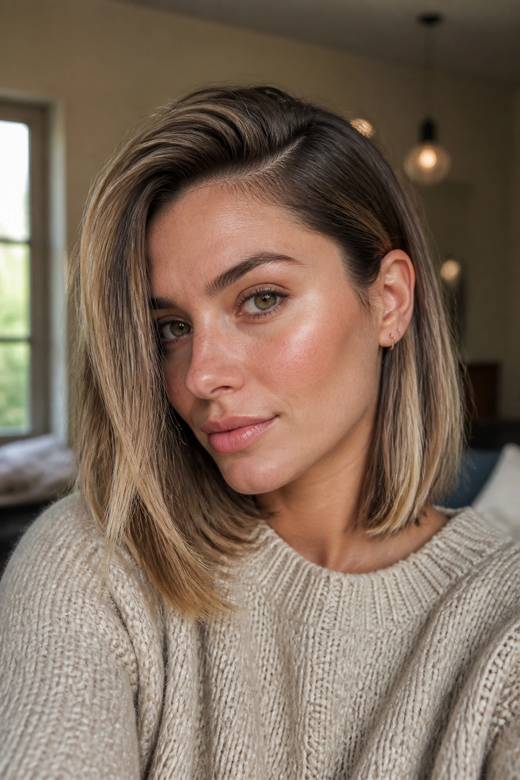 Close-up of a real woman with a deep side part on a lob