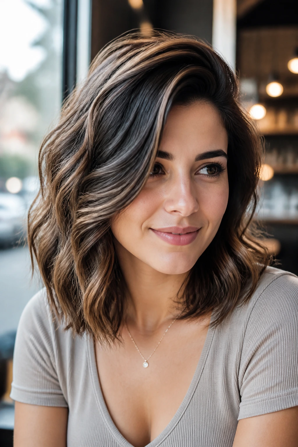 Close-up portrait of a real woman with deep side-part lob and voluminous waves