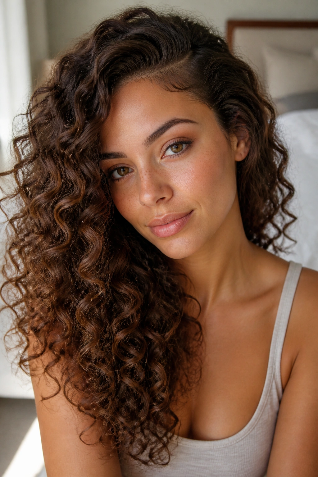 Close-up portrait of a real woman with long curly hair and a deep side part, highlighting lifted roots and face-framing curls.