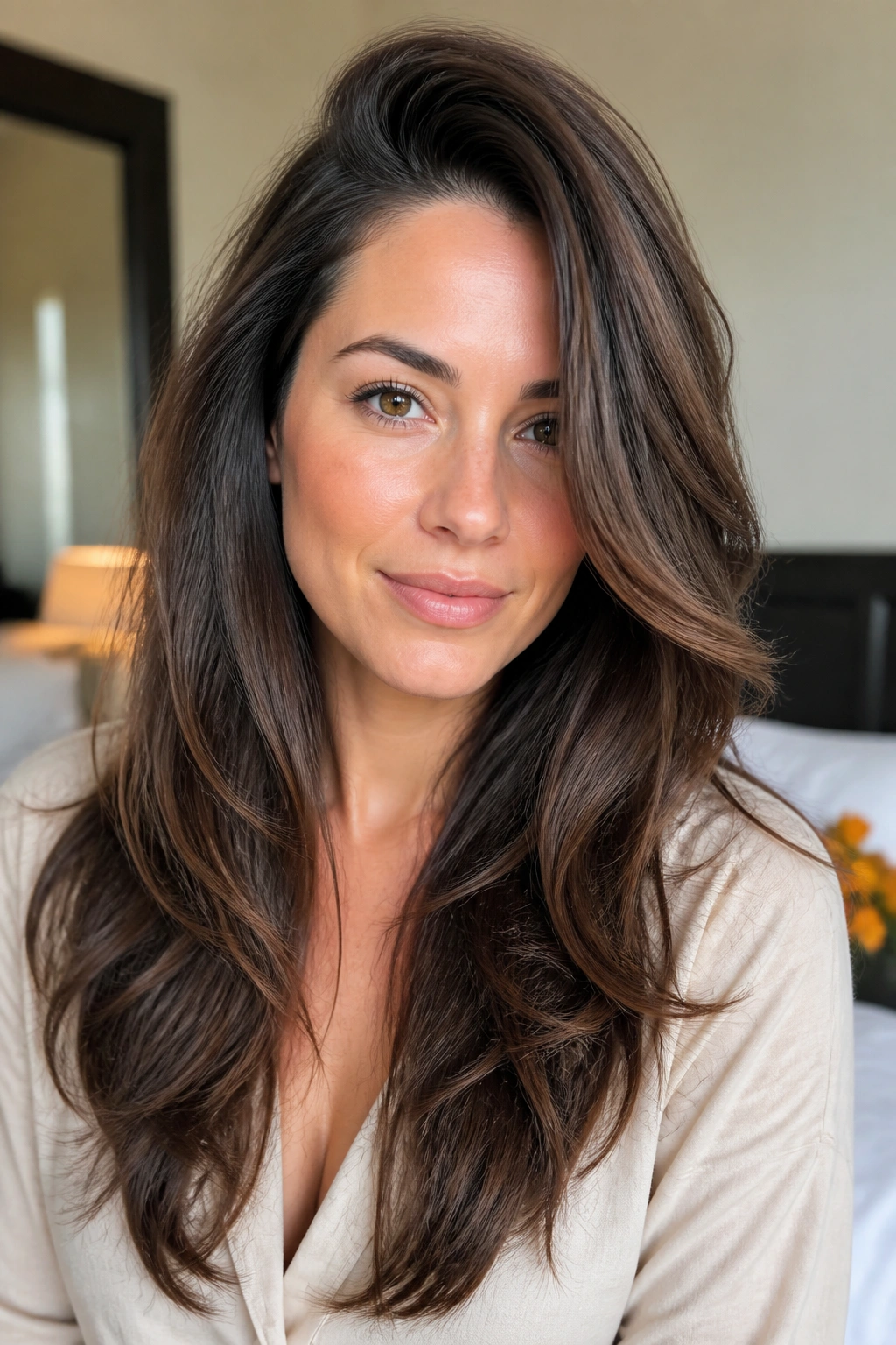 Portrait of a real woman with deep side-part long layers hairstyle in warm window light