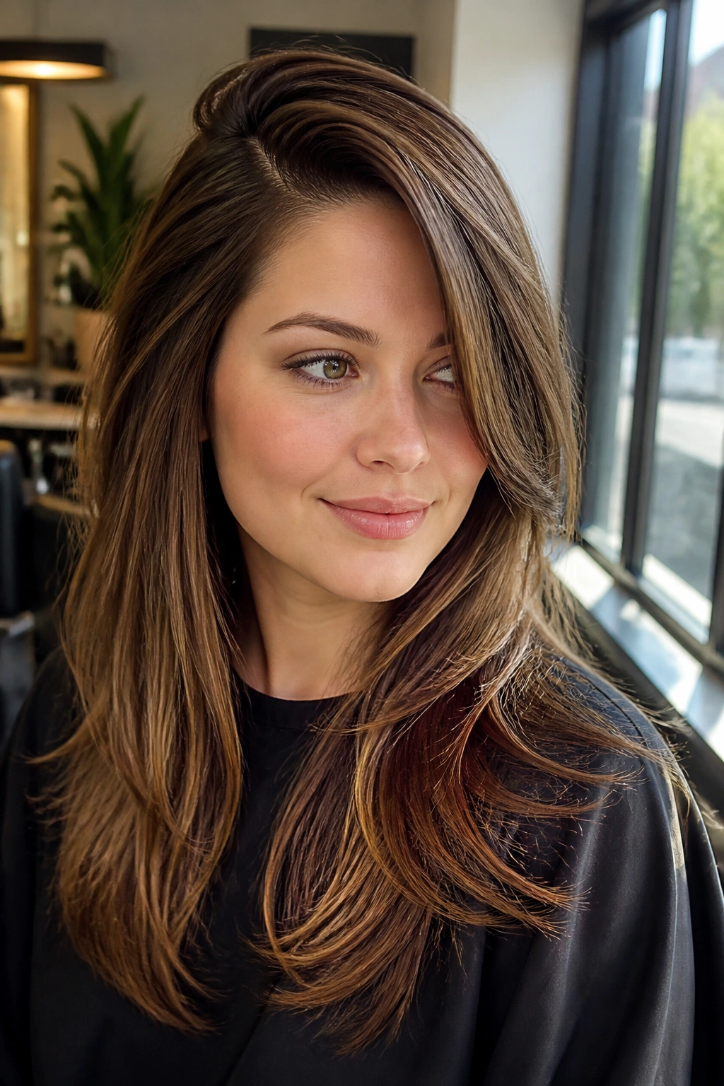 Close-up of a real woman with a deep side part and long layered hair, diagonal part framing face