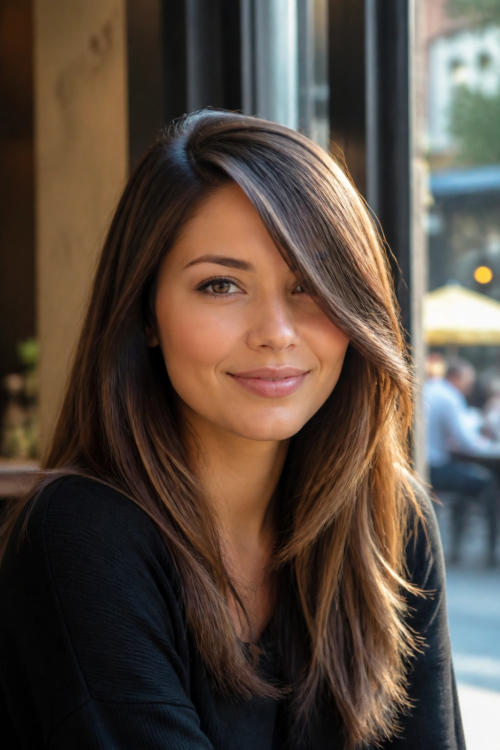 Portrait of a woman with a deep side part and long side bangs