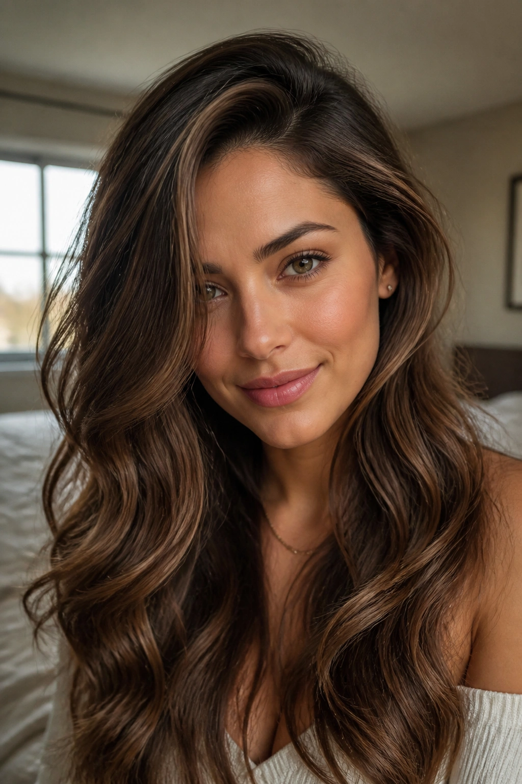 Close-up of a real woman with a deep side part and long waves in warm bedroom light