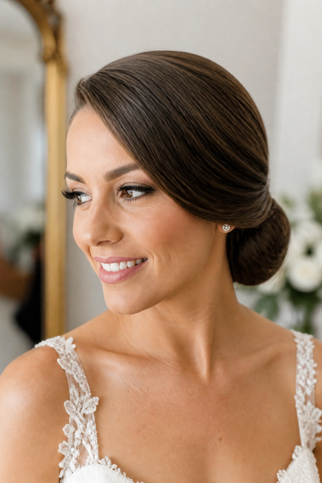 Bride with deep side-part leading to a low bun