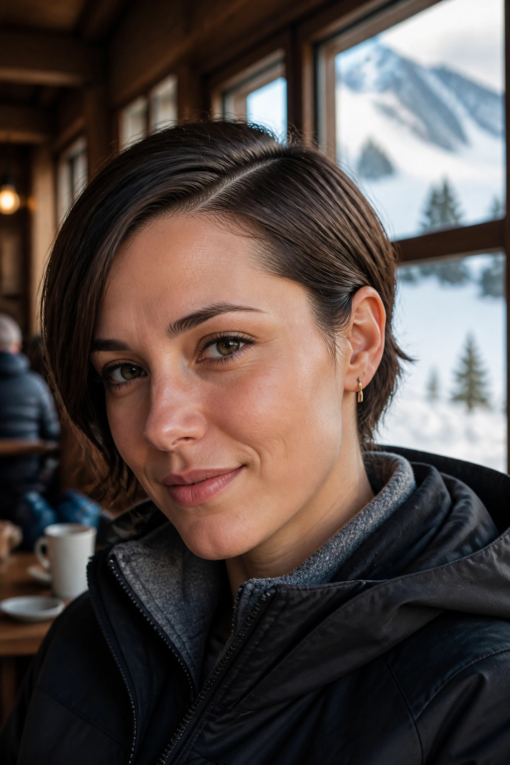Close-up of a woman with a deep side part and low tuck under warm ski-lodge lighting