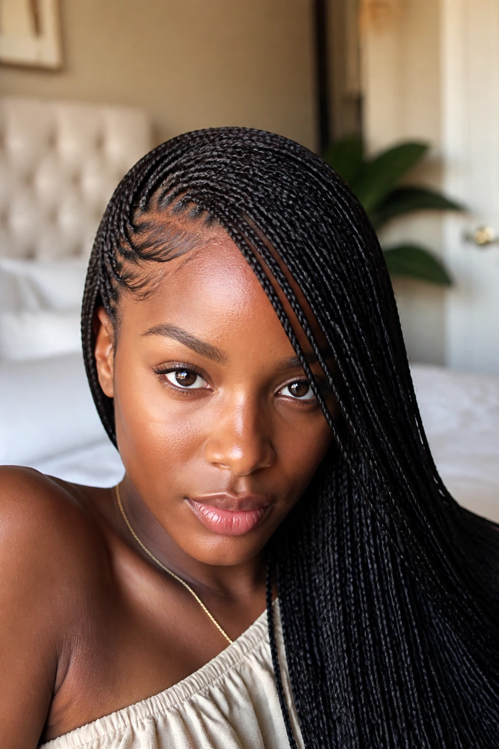 Close-up of a real Black woman with a deep side-part micro braid hairstyle in natural window light.
