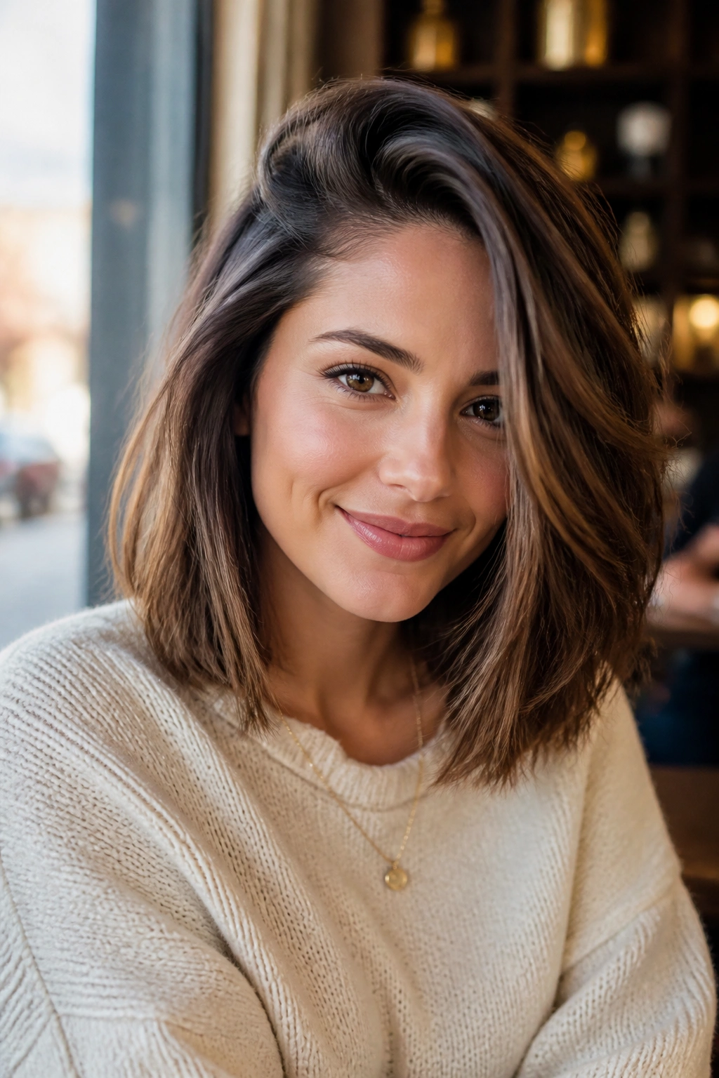 Portrait of a woman with a deep side-part midi cut in warm daylight