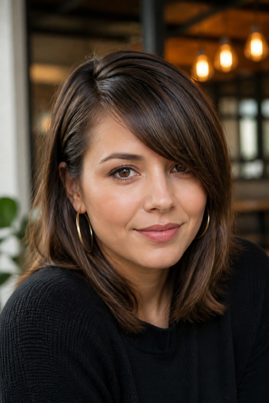 Close-up portrait of a real woman with deep side part and narrow fringe.