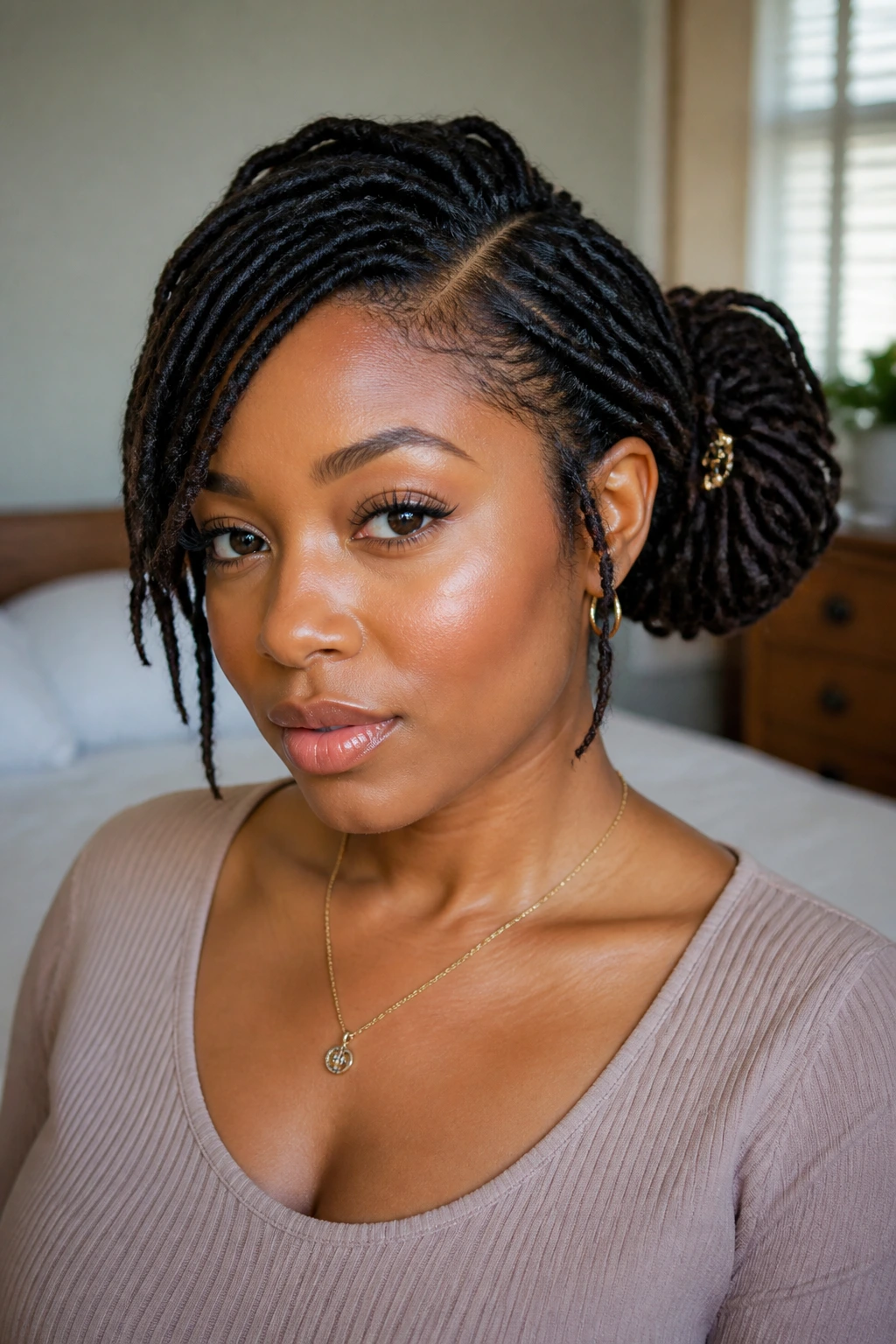 Portrait of a real woman with a deep side-part pin-up hairstyle