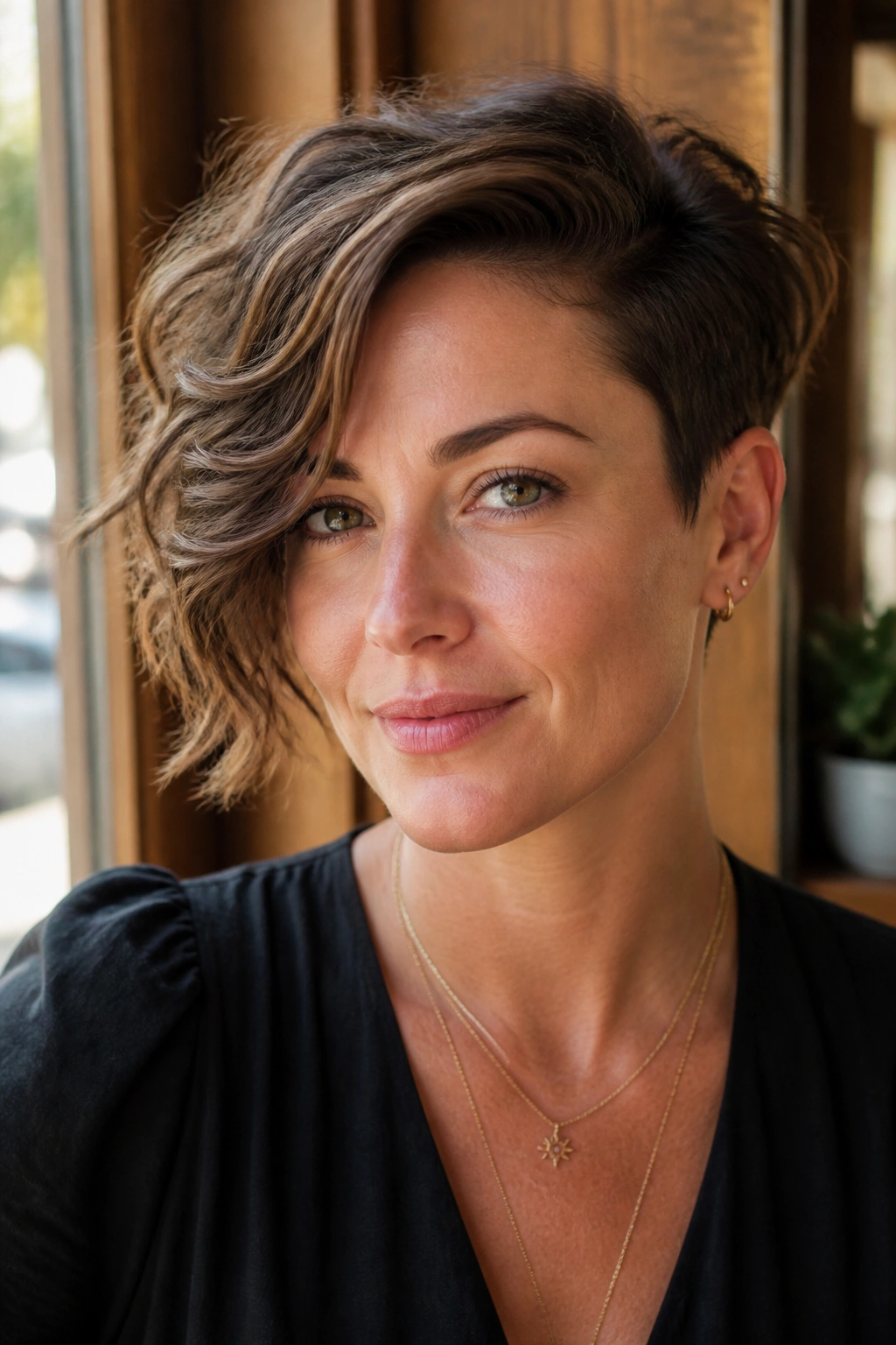 Close-up of a real woman with a deep side-part pixie