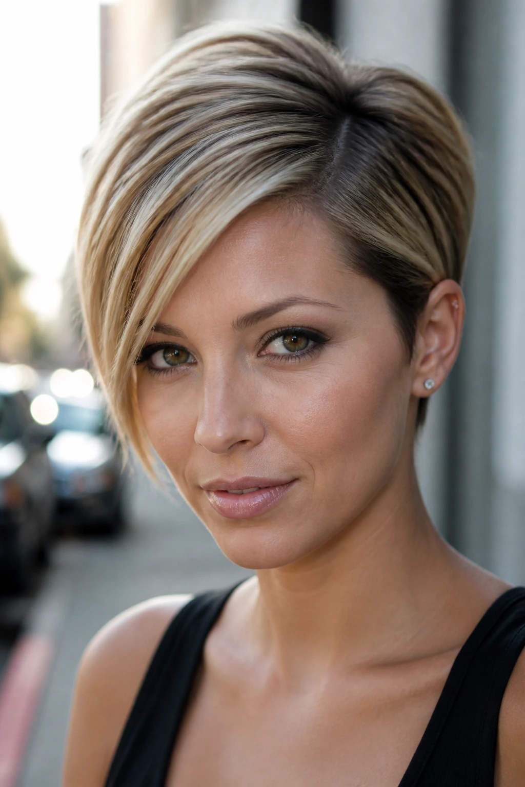 Portrait of a real person wearing a deep side-part pixie