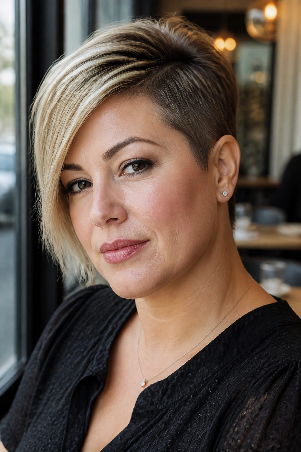 Close-up portrait of a real woman with an asymmetrical deep side-part pixie.