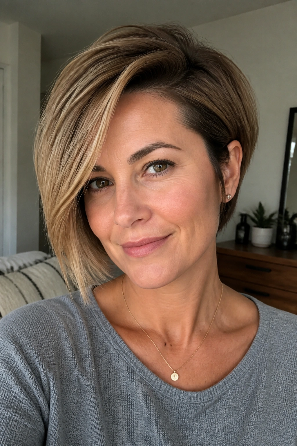 Real woman with deep side part long pixie bob