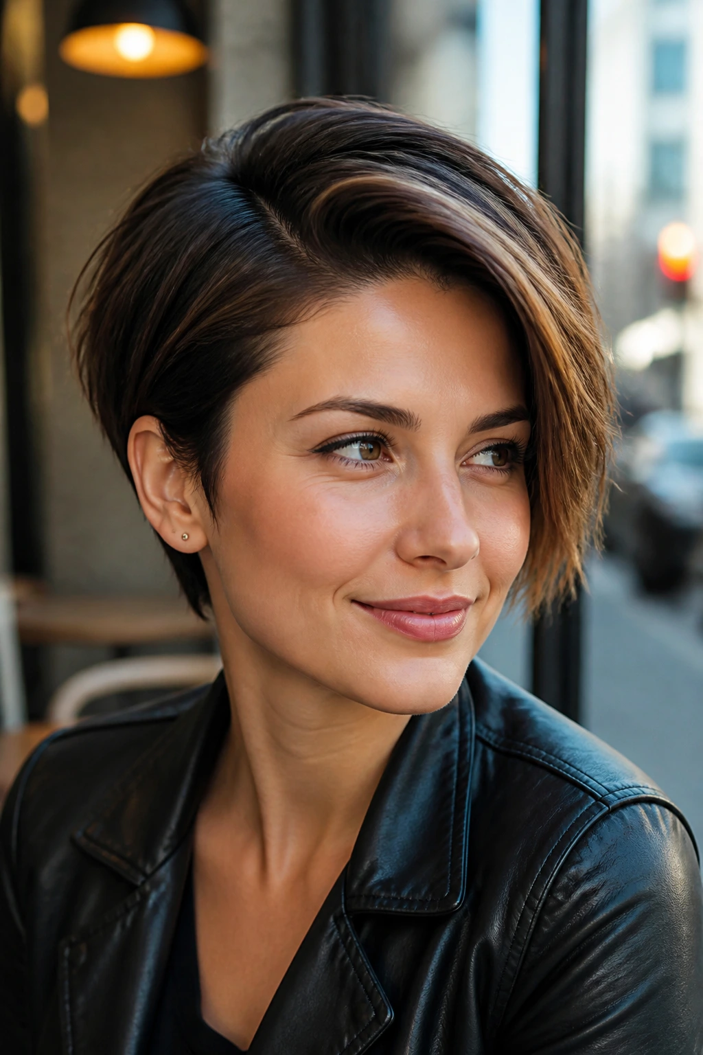 Portrait of a woman with a deep side-part pixie bob at a sunlit cafe window